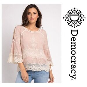 Democracy Pink Ivory Embroidered Lace Romantic Cottagecore Victorian Tunic Top M